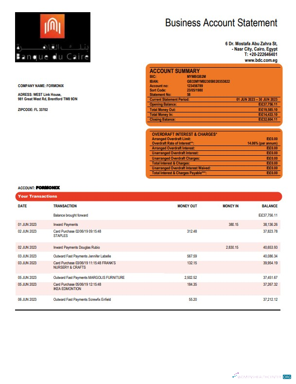 Download Banque du Caire company account statement Word and PDF template Photoshop template